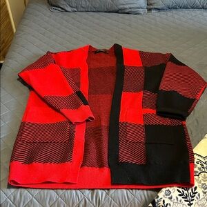 Red and Black Women’s long cardigan with pockets.